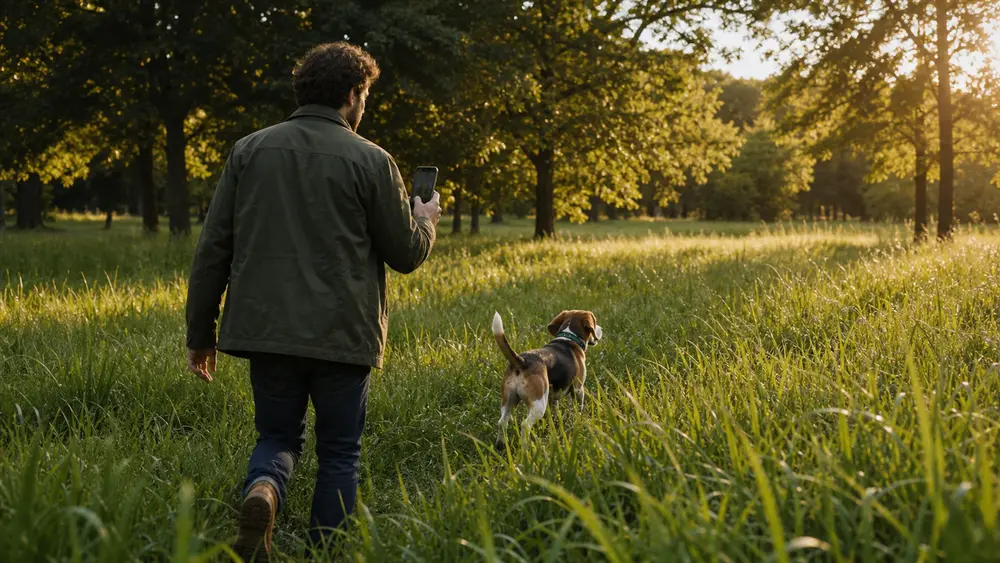 An archivist walking a field beside a beagle at first light